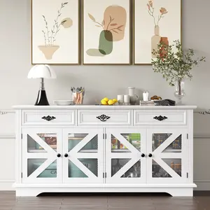 Sideboard Buffet Cabinet with Power Outlets & Adjustable Shelves, Modern Farmhouse Coffee Bar Buffet Table with Adjustable Shelves and Charging Station for Living Room