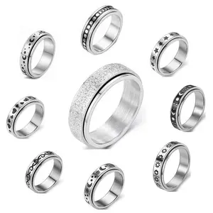 Stainless Steel Spinner Anxiety Ring, Rotatable Fidget Band with Various Patterns, Unisex Anti-Stress Jewelry for Daily Wear