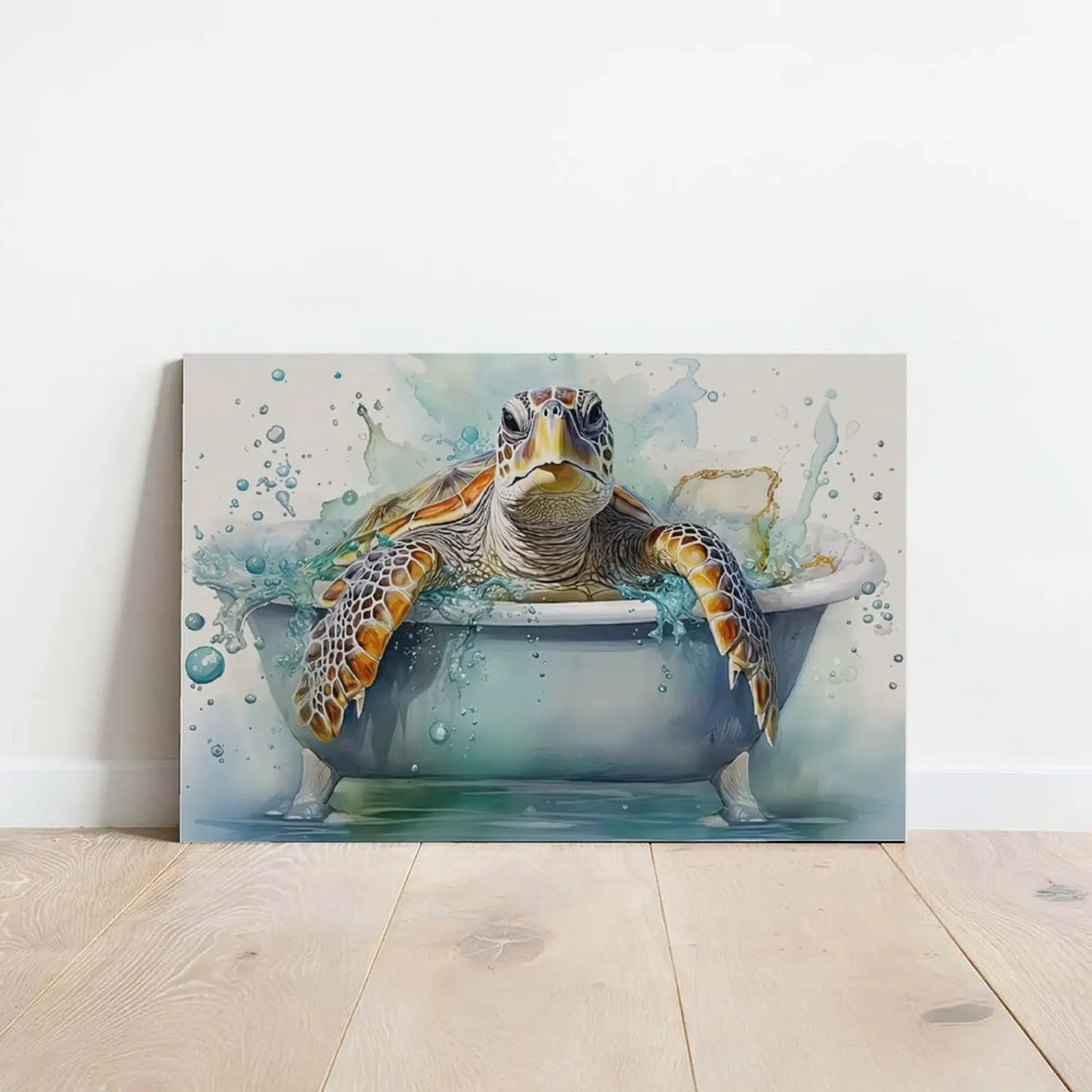 Funny Turtle in Bathtub Framed Canvas Wall Art Print, Colorful Watercolor Animal Artwork, Artistic Bathroom Home Decoration Gift