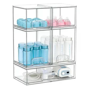 Stackable Storage Drawers Set of 5, Clear Plastic Organizer Bins for Baby Bottle, Beauty Supplies Storage, Ideal for Kichen Countertop, Vanity, Bathroom, Cabinet, Pantry Organization