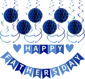 Happy Father's Day Decorations Party Supplies Kit - Happy Fathers Day Banner, 6 Honeycomb Ball & 12 Hanging Swirls for Home Party Decor, Blue Heart Theme