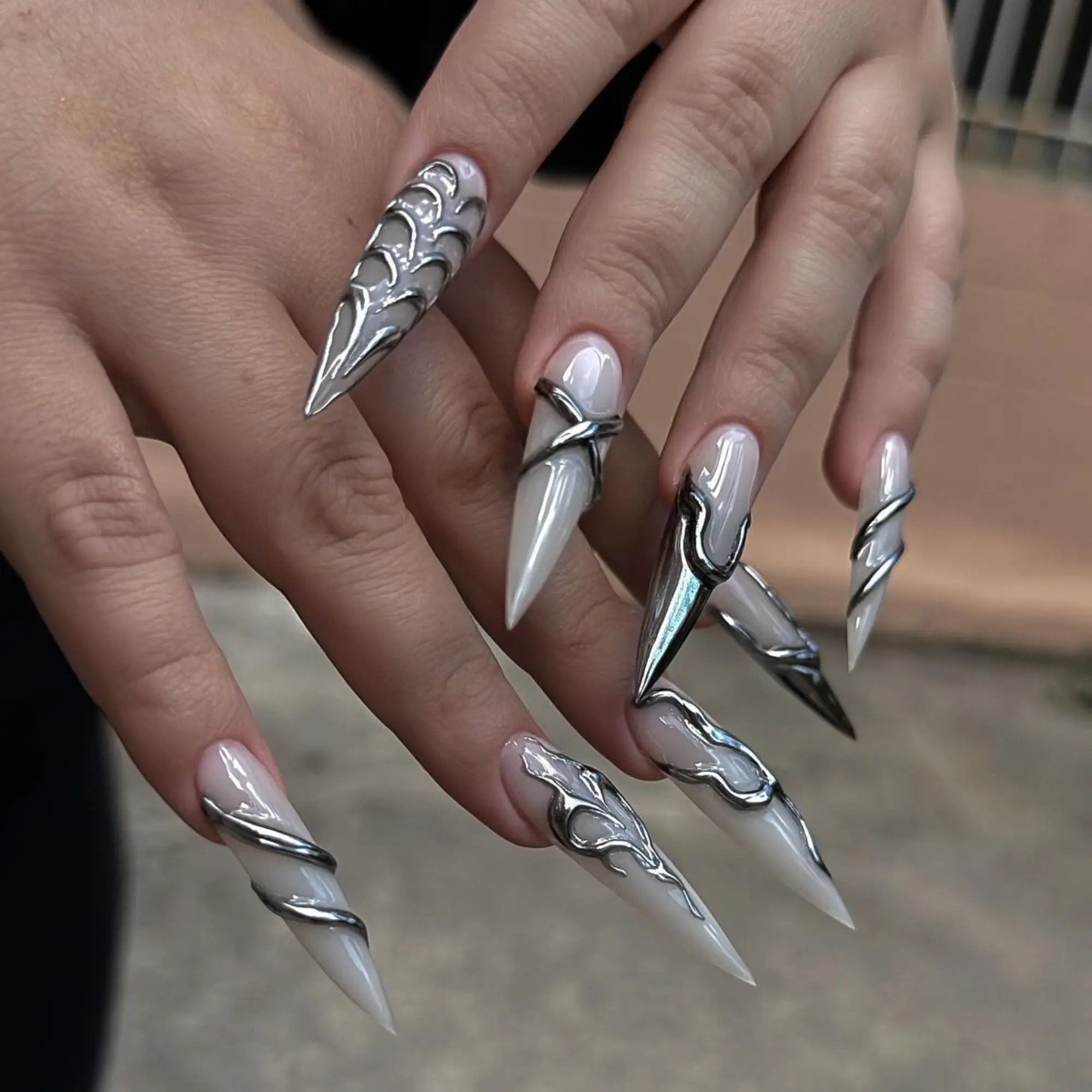 Silver Chrome Armor Press On Nails | 3D Sculpted Blade and Twisted Metal Nail Art | Handmade Reusable Futuristic Nail Set