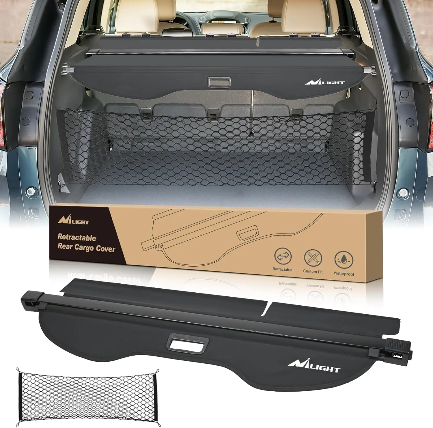 Nilight Custom Fit Retractable Cargo Cover for Ford Escape 2013-2019, UV Resistant High-Strength Privacy Shield, Rear Trunk Accessory with Flocking End & Large-Object Storage Net, Uv Resistant Car Covers & Shelters