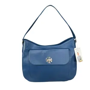 Pre-owned Tory Burch Wave Leather Shoulder Bags Mercer Blue GHW Hobo Shoulder Bag
