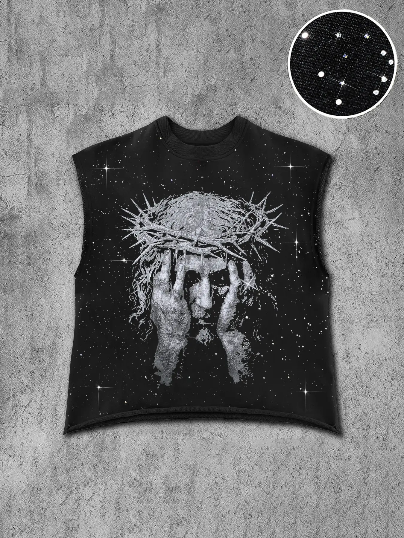Men's Sleeveless Casual Vest, Jesus Print, Starry Silver Color Fabric, Gym and Daily Use, Fashion Versatile, Simple Style