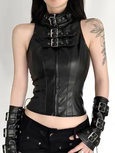 Gothic Punk Leather Vest with Metal Buckle High Neck, Sleeveless Design, Stylish Zippered Waist for Music Festivals and Parties Womenswear
