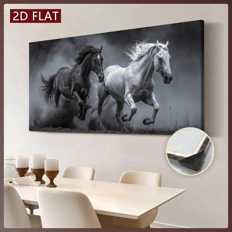 2D Flat Single Piece Wooden Frame Canvas Painting, Depicting a Black and White Horse Running in the Dust.This Exquisite Poster Can Be Used as Home Decoration and Wall Art, Suitable for Living Room, Bedroom, Office, Dining Room