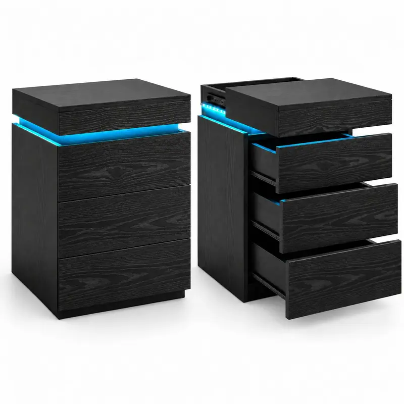 Sliding Top Hidden Storage-3 Drawers-Black-2PCS