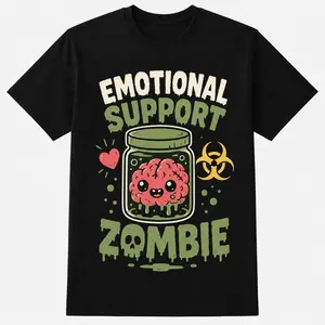 Emotional Support Zombie T-Shirt – Cute Brain Jar Cartoon Tee for Men Women, Funny Kawaii Horror Graphic Shirt, Halloween Gift, Casual Top