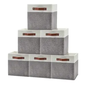 6PCS Storage Cube Bins, 13x13 inch Foldable Linen Fabric Baskets with Leather Handles, Collapsible Shelf Organizer for Closet Cubby Shelves