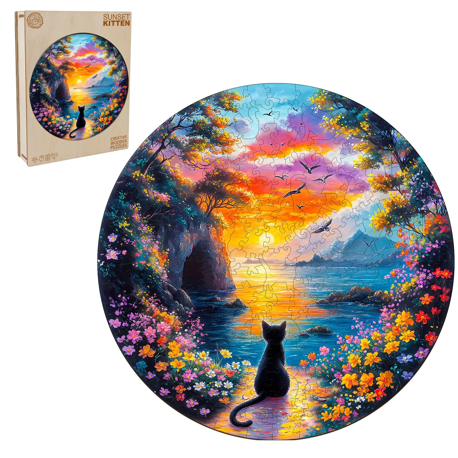 Sunset Kitten Wooden Jigsaw Puzzle for Adults and Kids Unique Shape Animal Wood Puzzles Challenging Puzzle, Family Game Creative Gifts，Laser-Cut Durable HDF Wood Puzzle Artistic Colorful Cute