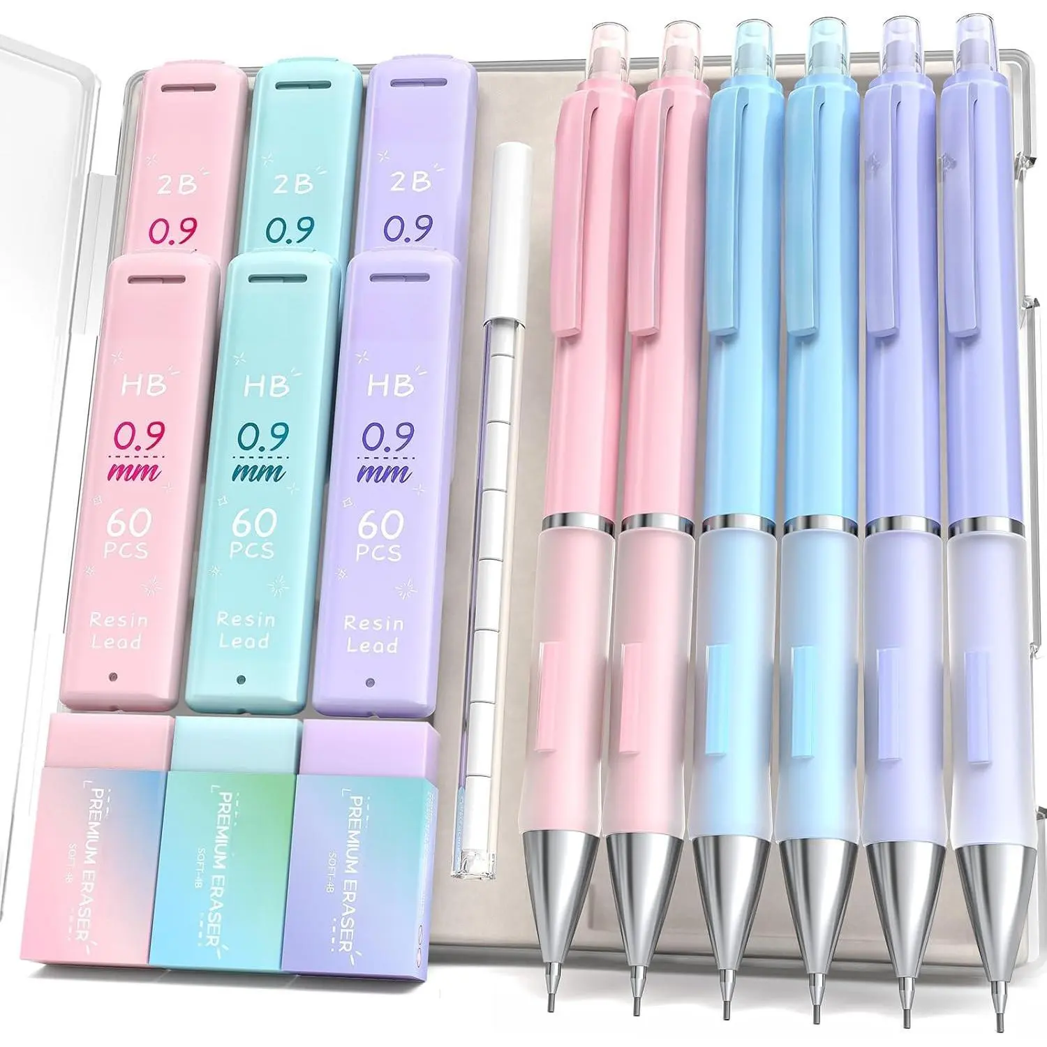 0.9mm Mechanical Pencil Set - 6 count Cute Pencils with 360 count HB & 2B Lead Refills, 3 count Pastel Erasers and 9 count Eraser Refills, Aesthetic School Supplies for Student Writing Drawing