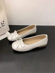 Women's Low Heel Round Toe Bowknot Loafers, Soft Leather Stitching Decor, Available in Silver Champagne Ivory, Casual Commute School Style