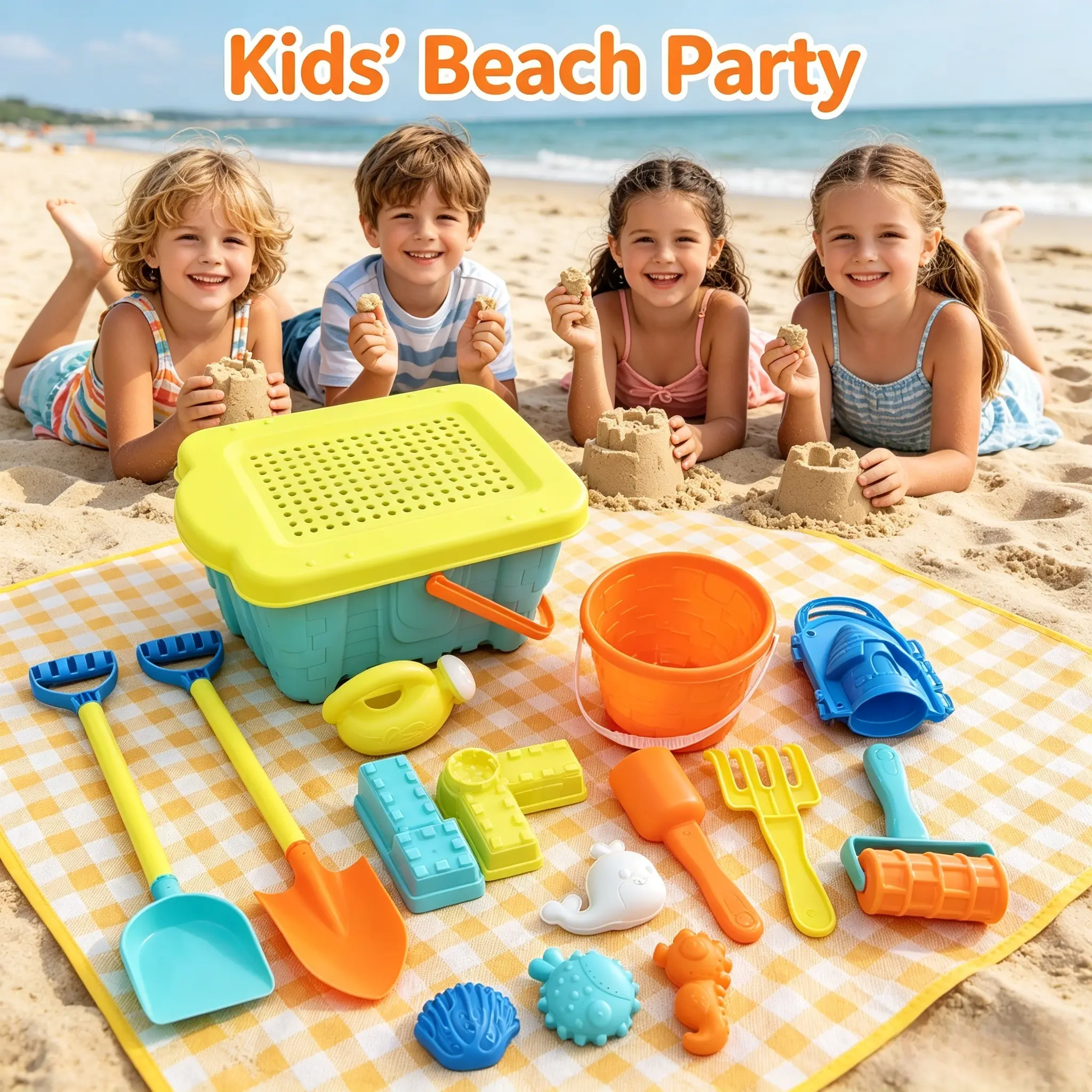 Unisex Big Beach Sand Toy Set - Sturdy Non-Toxic Plastic, Large Lidded Storage Bucket, Sand Shovel, Rake, Castle Molds, Watering Can, Sea Animals, Easy to Carry, Sports Outdoor Summer Gift for Kids to Boost Creativity