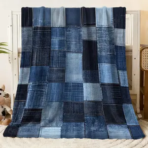 Denim Patchwork Flannel Blanket - Vintage Style Cozy Throw for Bed Sofa, Soft Plush Flannel Fabric with Faded Blue Jean Square Pattern, All - Season Warm Decorative Blanket for Bedroom Living Roo