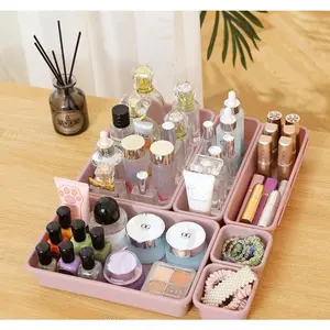 Aesthetic Green & Purple 16 Pcs Drawer Organizer Set 3-Size Plastic Dividers Storage Trays for Makeup Jewelry Utensils Kitchen Bathroom Office Organization