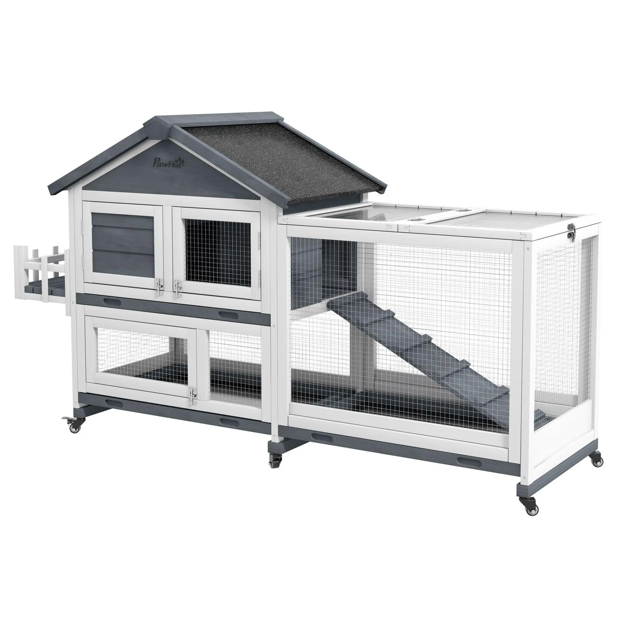 65" Wooden Outdoor Rabbit Hutch - Spacious Bunny Cage with Openable Roof, Steel Frame, Covered Nesting Box, Lockable Doors, Side Storage, Gray, Requires Assembly, Six Wheels, Slide-Out Trays