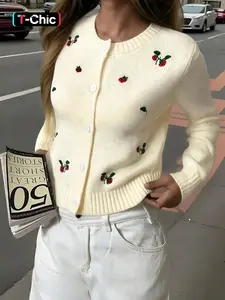 Women's Round Neck Single-Breasted Strawberry Embroidered Long Sleeve Casual Fashion Sweater, Fall & Winter Slim-Fit Knitted Cardigan