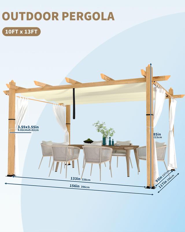 GARVEE 10x13 FT Aluminum Pergola with Adjustable Canopy, Outdoor Metal Gazebo with Reinforced Frame, Waterproof Sun Shade & Windproof Netting for Patio, Backyard, Garden