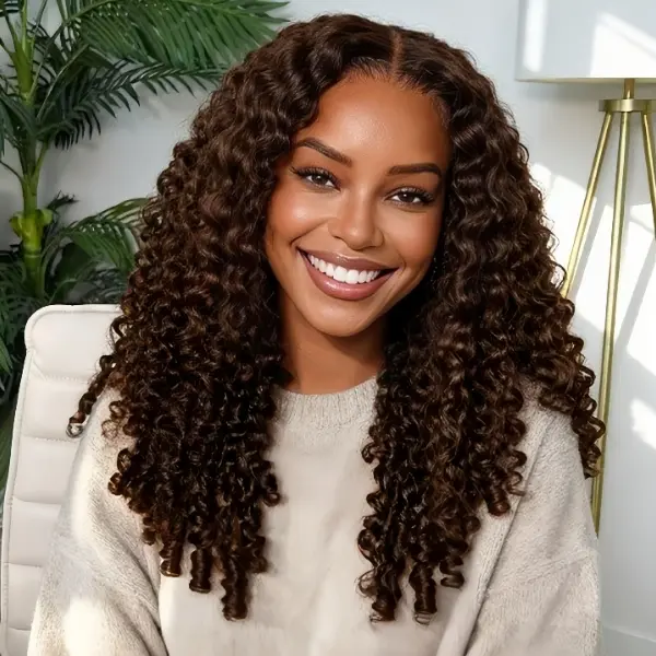【New In】VIPbeauty Chocolate Brown Half Wig Human Hair 200 Density Burmese Curly Half Wig Spiral Curly Ends 3 In 1 Seamless Flip Over Glueless Wigs Human Hair with Drawstring Beginner Friendly Curly Wig Headband Wig for Women Daily Wear