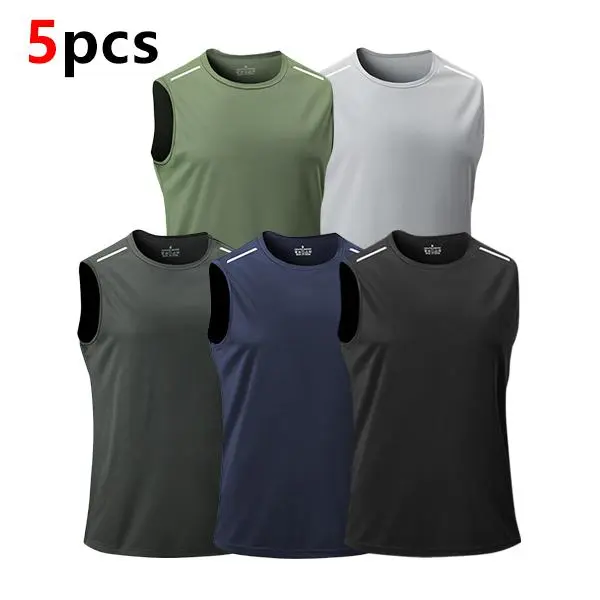 Men's 5-Pack Quick-Dry Polyester V-Neck Sleeveless T-Shirts - Cooling Clothing, Lightweight Breathable Activewear Vests for Gym, Active Activities, Sweat-Dry Fast