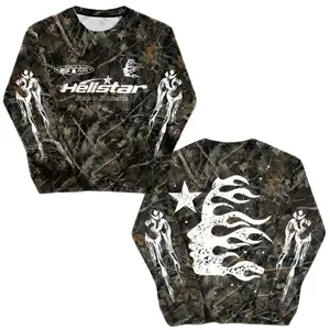 H3llstar Men's Camo & Letter Print Round Neck Sweatshirt T-shirt Hoodie, Loose Casual Long Sleeve Crew Neck Pullover For Fall & Winter