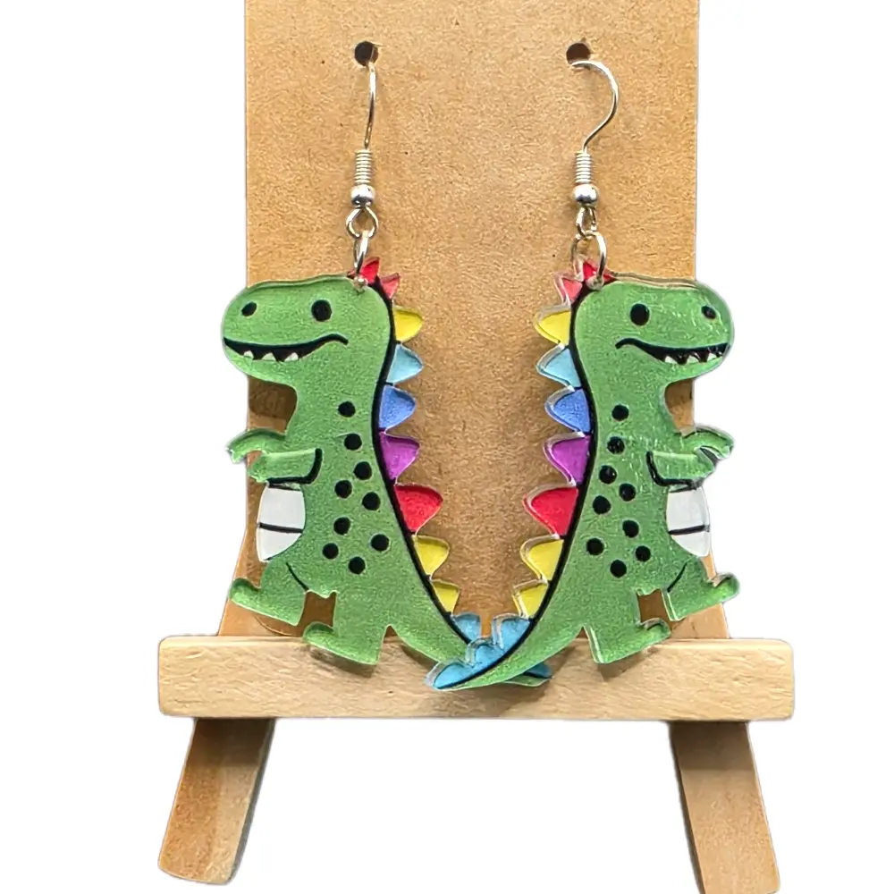Adorable Green Cartoon Dinosaur Earrings, Featuring a Stylish And Unique Design with Long Acrylic Pendants That Showcase The Charm of Green Dinosaurs
