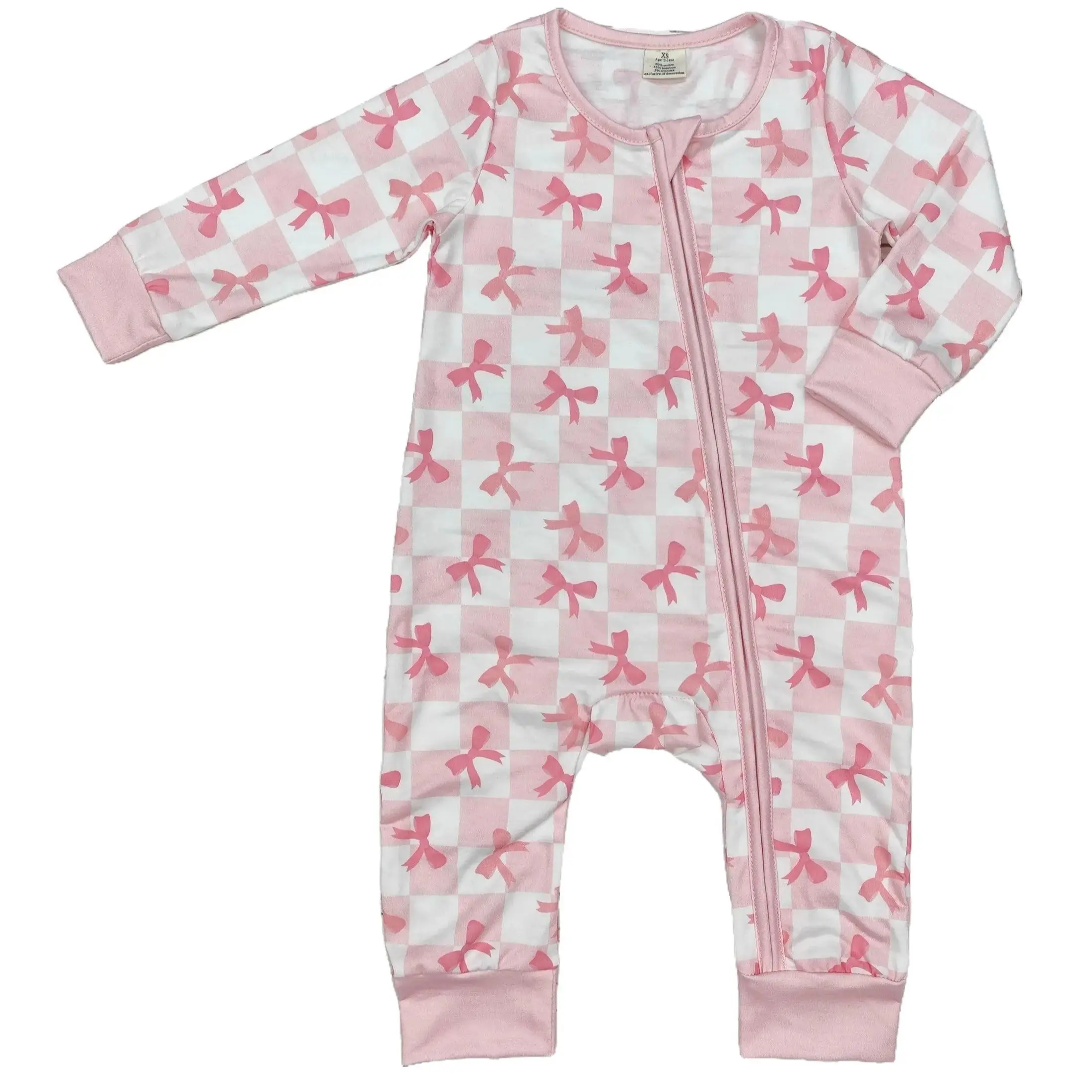 Girls' Pink Bow Print Long Sleeve Onesie Bodysuit, Toddler Jumpsuit for 0-3m, 2t, Affordable Fashion Baby Outfit