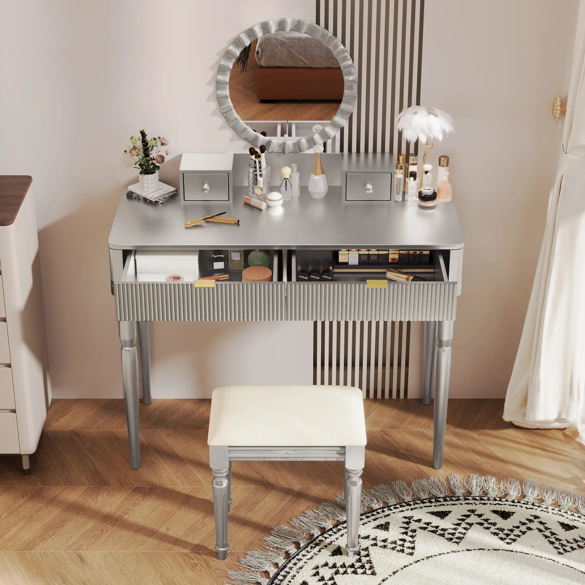 Luxury Silver Vanity Desk with Round Sunflower Mirror, Height-Adjustable Dressing Table Set with 4 Drawers & Stool