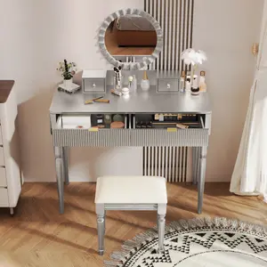 Luxury Silver Vanity Desk with Round Sunflower Mirror, Height-Adjustable Dressing Table Set with 4 Drawers & Stool