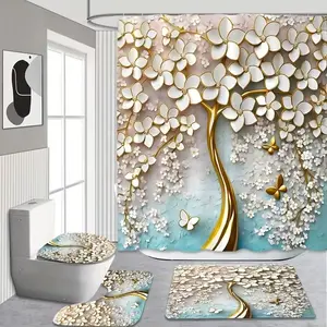 1/4pcs Luxury Floral Tree Pattern Shower Curtain Complete Set, Festive Design, Includes Non-Slip Mat, U-Shaped Rug, and Toilet Seat Cover. Perfect for Bathroom Decor, Beautifies the Space. Comes with 12 Shower Curtain Hooks. Shower Curtain Sets