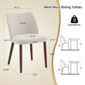 Set of 2 Beige Linen Dining Chairs with Upholstered Seat and Brown Wood Legs and Leveling Feet for Dining Room