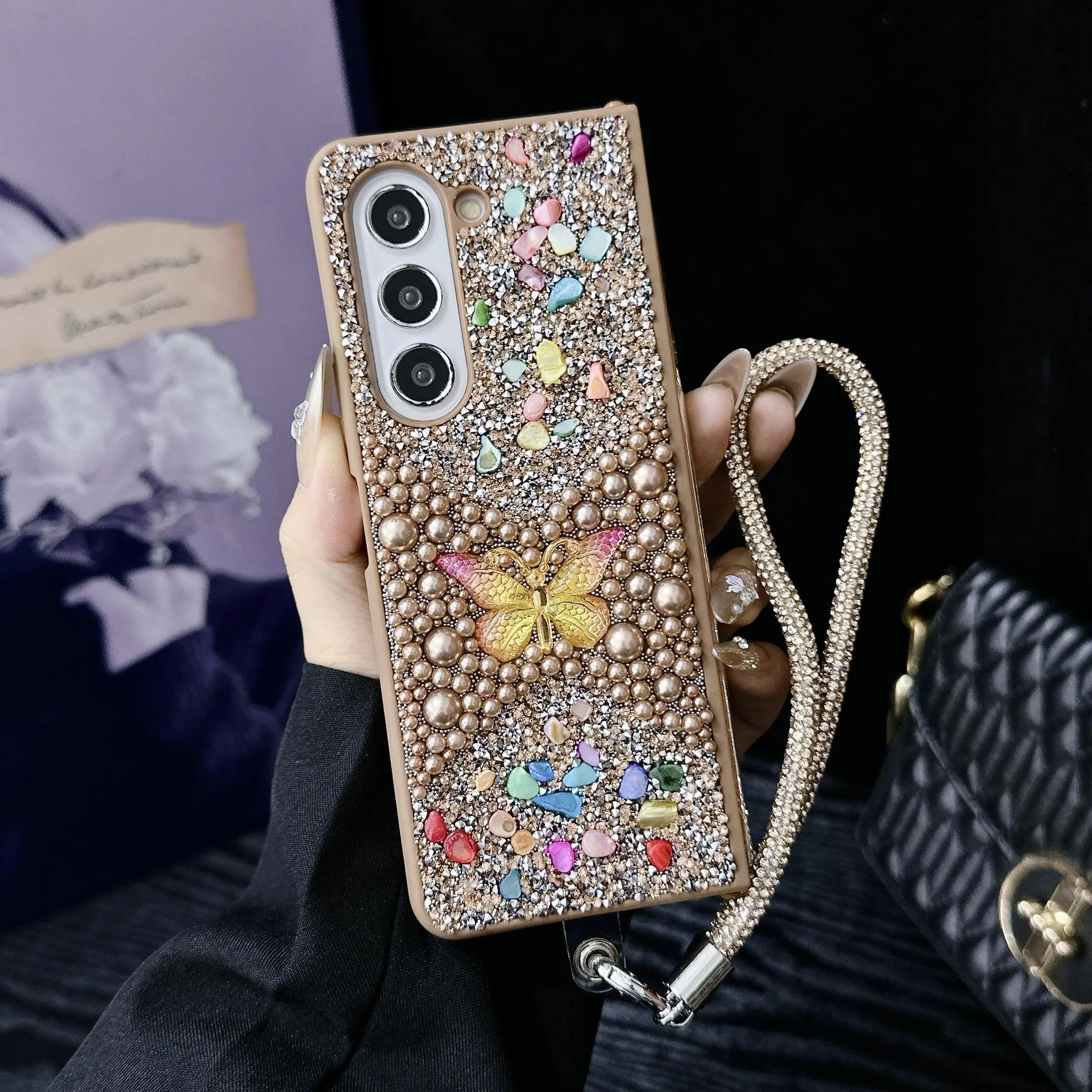 Butterfly Rhinestone Durable Protective Phone Case Protector for Samsung Galaxy Zfold7 Zfold6 Zfold5 Z FOLD3 4, Luxury Fashion Women's Bling Cover Casing with Bracelet, Portable Handheld Design Protection Accessories