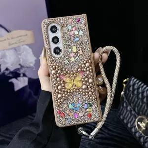 Butterfly Rhinestone Protective Phone Case Protector for Samsung Galaxy Zfold7 Zfold6 Zfold5 Z FOLD3 4, Luxury Fashion Women's Cover with Bracelet, Portable Design Accessories