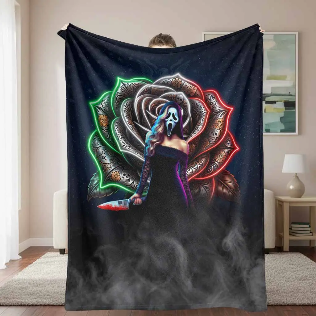 Gothic Rose Flower Flannel Blanket Vibrant Neon Sugar Skull Floral Pattern Super Soft Lightweight Plush Cozy Texture Decorative Throw For Bedroom Couch Sofa Travel Camping Movie Night Living Room Decor Gift