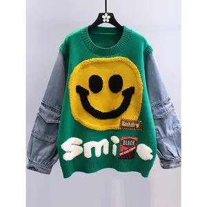 Smiling Face Loose Sweater Tops Women Denim Sleeve Round Neck Pullover Jumpers Winter Streetwear Stylish Chic Knitwear Casual Womenswear Knitting