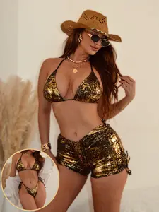 Women's New Bikini Two-Wear Set Three-Piece, Casual Sleeveless Skirt, Backless Ruched Design, All Seasons