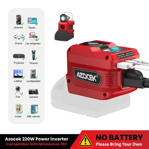 【No Battery】Azocek 220W Power Inverter for Milwaukee 18V Battery | DC to AC Portable Generator | 1 AC Outlet, 2 USB QC, 1 Type-C for Laptop & Phone Fast Charging | 400LM LED Work Light | Camping / Outdoor / Emergency Power