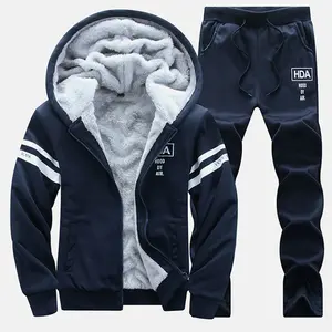 Men's Winter Warm Fleece Lined Sports Suit Set with Hooded Design - Two Piece Set, Stylish & Comfortable