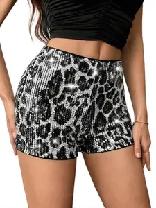 High Waisted Sequin Leopard Shorts Sparkly Bodycon Mini Shorts Sexy Shiny Party Club Night Out Y2K Streetwear Elastic Waist Slim Fit Summer Festival Going Out Women Bottoms