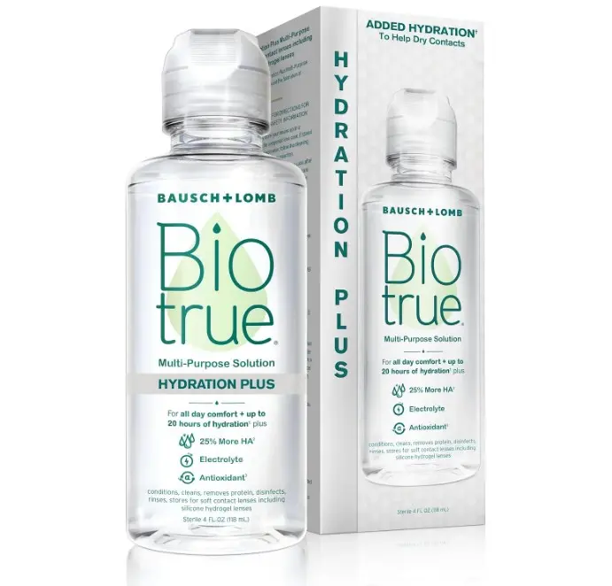 Biotrue Hydration Plus Multi-Purpose Soft Contact Lens Solution 4 fl oz | Hyaluronic acid formula, cleans, disinfects, all-day comfort, 1 pack, soft lenses