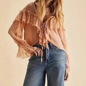 Women Long Sleeve Ruffle Tops Loose Solid Color See Through Tie Front V Neck Shirts Casual Streetwear Blouses Polyester Womenswear(Sheets)