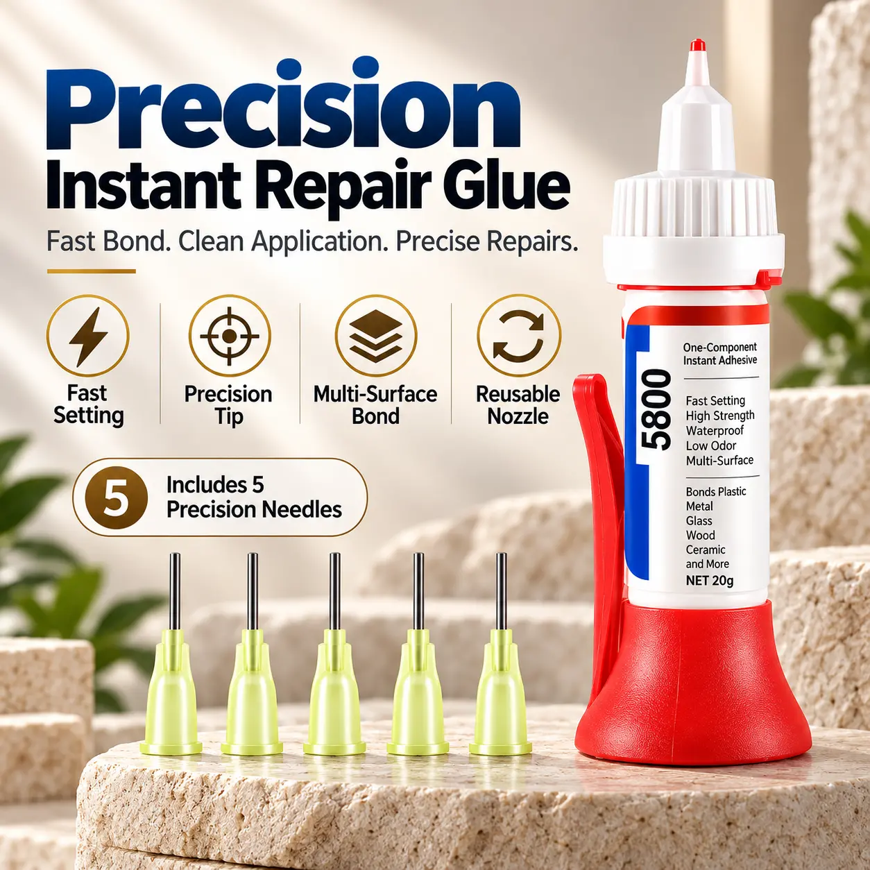 5800 Precision Instant Repair Glue, 20g Fast-Setting Multi-Surface Adhesive with 5 Precision Needle Tips, for Plastic, Metal, Glass, Wood, Ceramic & DIY Repairs