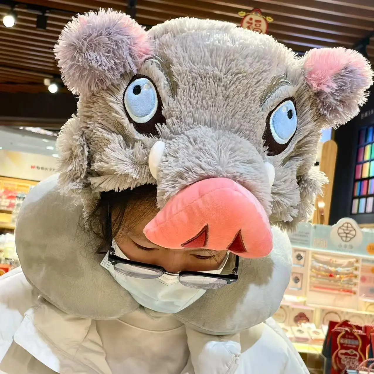 Kawaii Hashibira Inosuke Pig Head Cartoon Plush U-Shaped Neck Support Pillow, Cosplay Prop for Travel (Toys & Hobbies - Classic & Novelty Toys), Hat