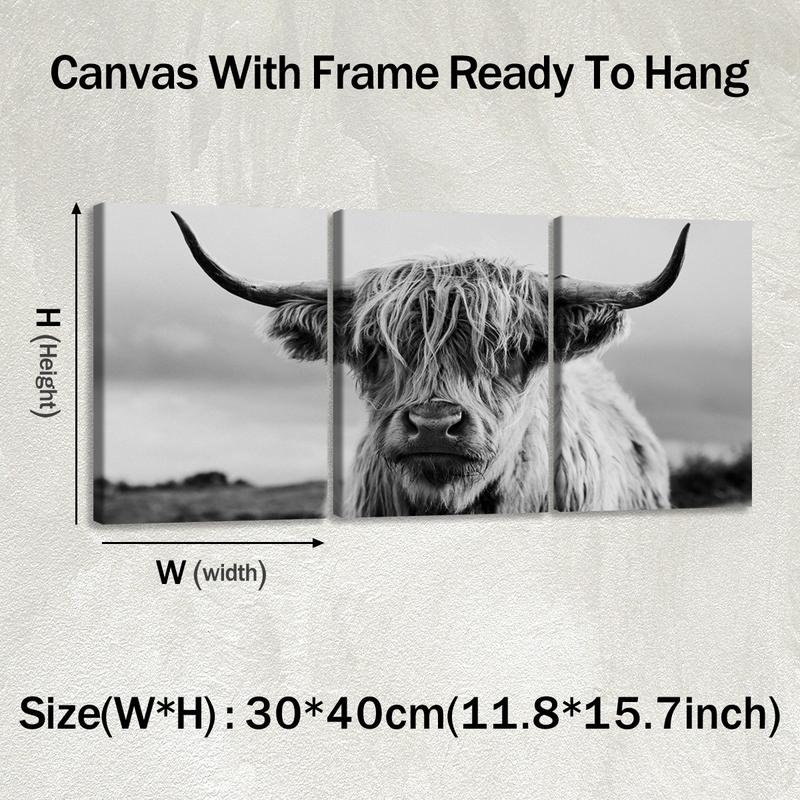 3Pcs Wooden Framed Canvas Painting, Black And White Highland Cow Portrait, Exquisite Poster, Home Decoration, Pattern Wall Art Decor, For Living Room, Bedroom, Office, Restaurant, Bar Wall Decor, Odorless, Painting, Print Artwork.