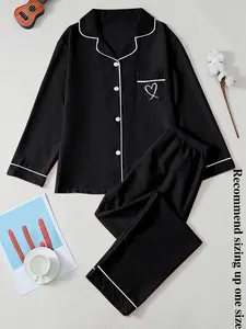 Solid color lapel collar long sleeve love embroidery women's pajamas set simple style casual fashion personality trend soft fabric women's daily loungewear pajamas set
