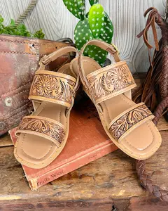 Western Cowgirl Style Tooled Leather Sandals - Adjustable Heel Strap