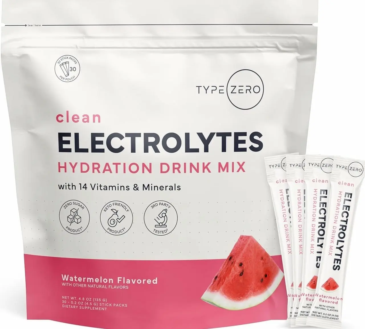 Type Zero Sugar Free Electrolytes Powder Packets + Clean Hydration Powder Stick Packs with 14 Vitamins and Minerals - Watermelon Flavor, 30 Servings