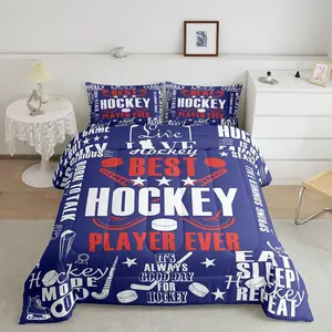 Hockey Motivational Bedding Set,Ice Hockey Ball Games Comforter Set,Winter Sports Gaming Bedding Comforter Set,Red Blue Puck Stars Duvet Insert