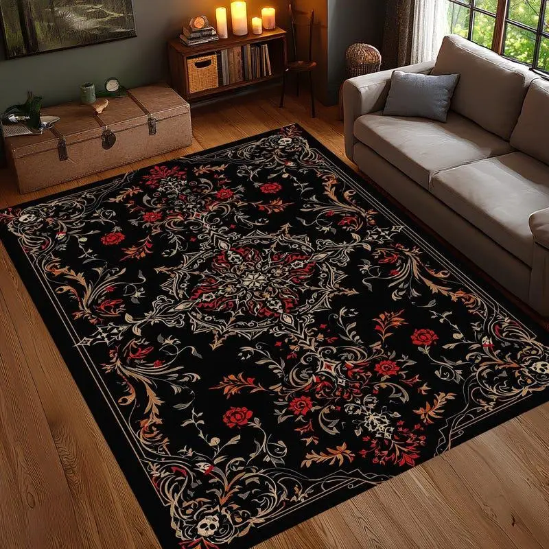 Black Burgundy Baroque Area Rug, Gold Vintage Scroll Carpet, Gothic Ornate Living Room Rug, Washable Non Slip Dark Decor Rug